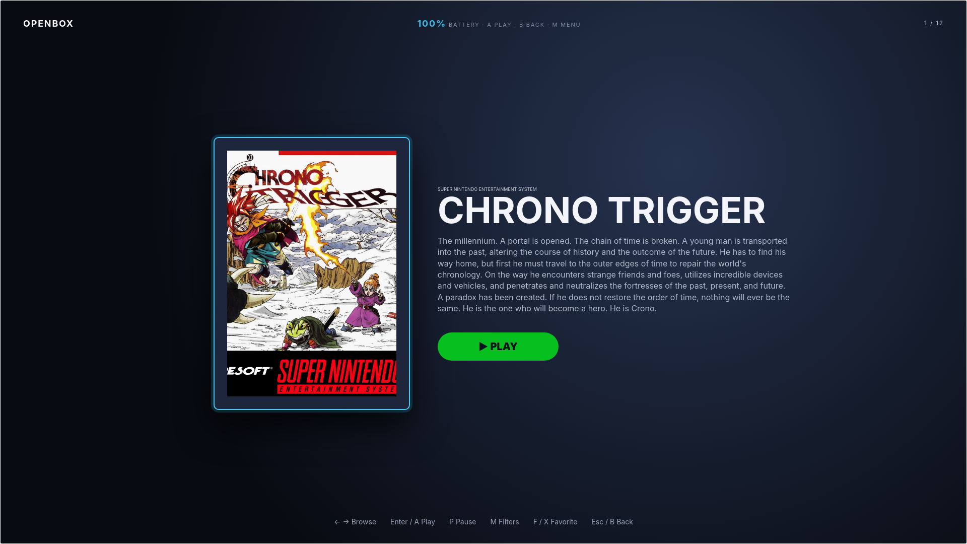 OpenBox Big Box fullscreen mode showing Chrono Trigger box art, description and a large green Play button with controller hints