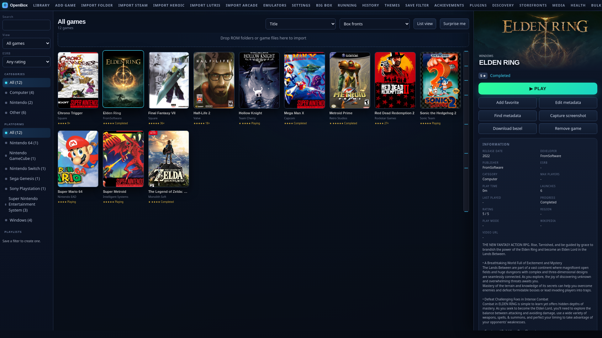 The game detail pane with metadata, launch controls, save management, and history