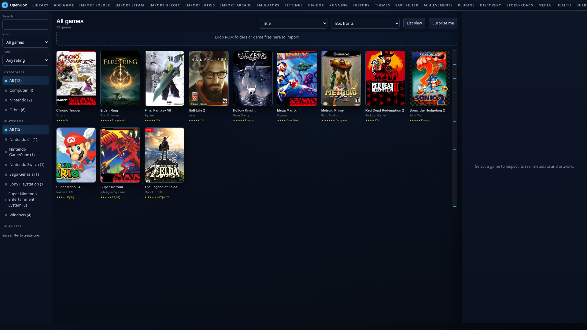 The OpenBox Web UI showing the library grid, filter rail, and game detail pane